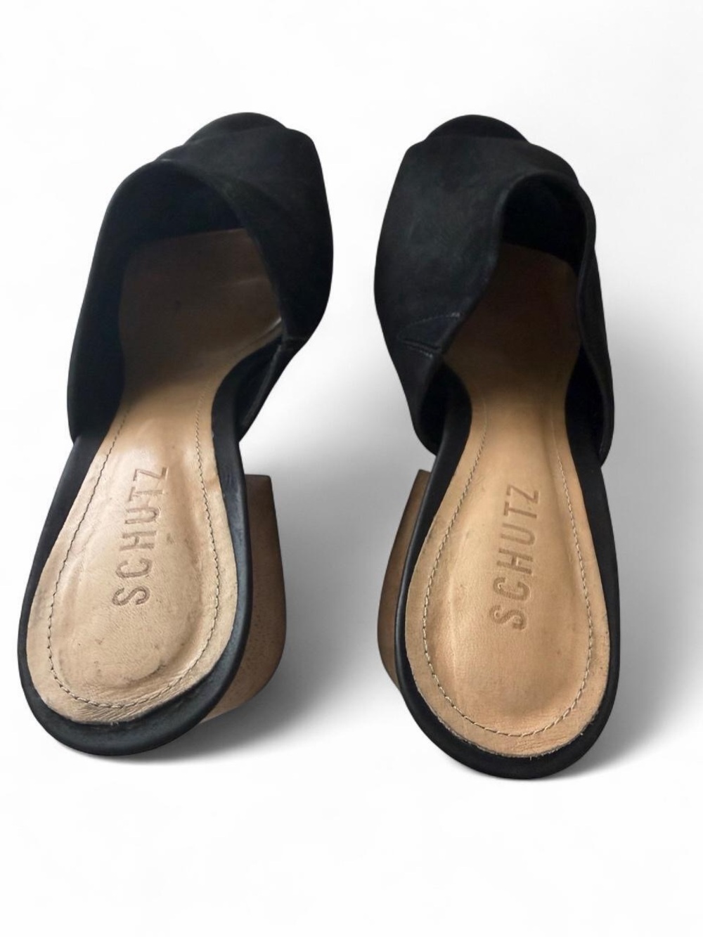 Schutz Size 9 Black Suede Peep Toe Mule Wood Block Heel Leather Minimalist Boho - Picture 7 of 9